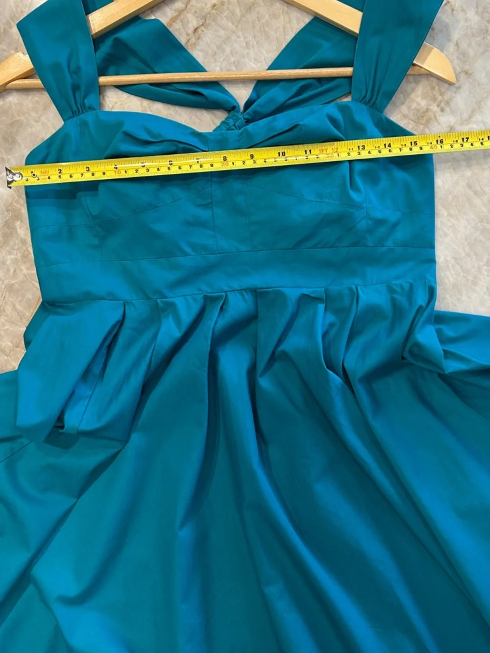 French Connection Teal Rockabilly Fit & Flare Dress Sz 8 Halter Pleated Bodice - Picture 4 of 7